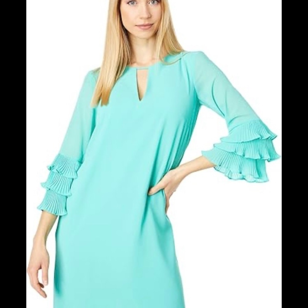 Vince Camuto Blue Sheath Dress with Bell Sleeves Wedding Guest
